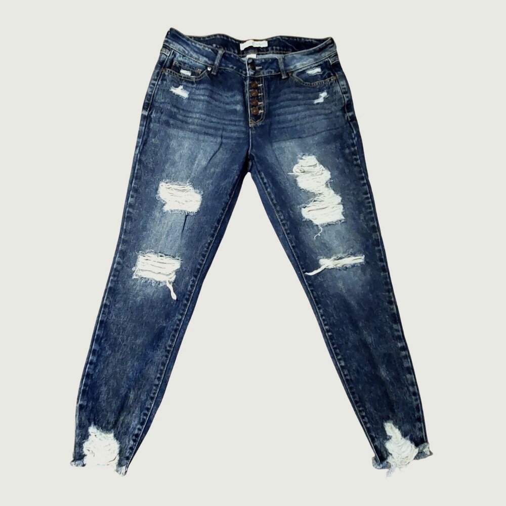 Distressed Whiskering Blue Stretch Comfortable Button Fly Slimming Sz:8‎
